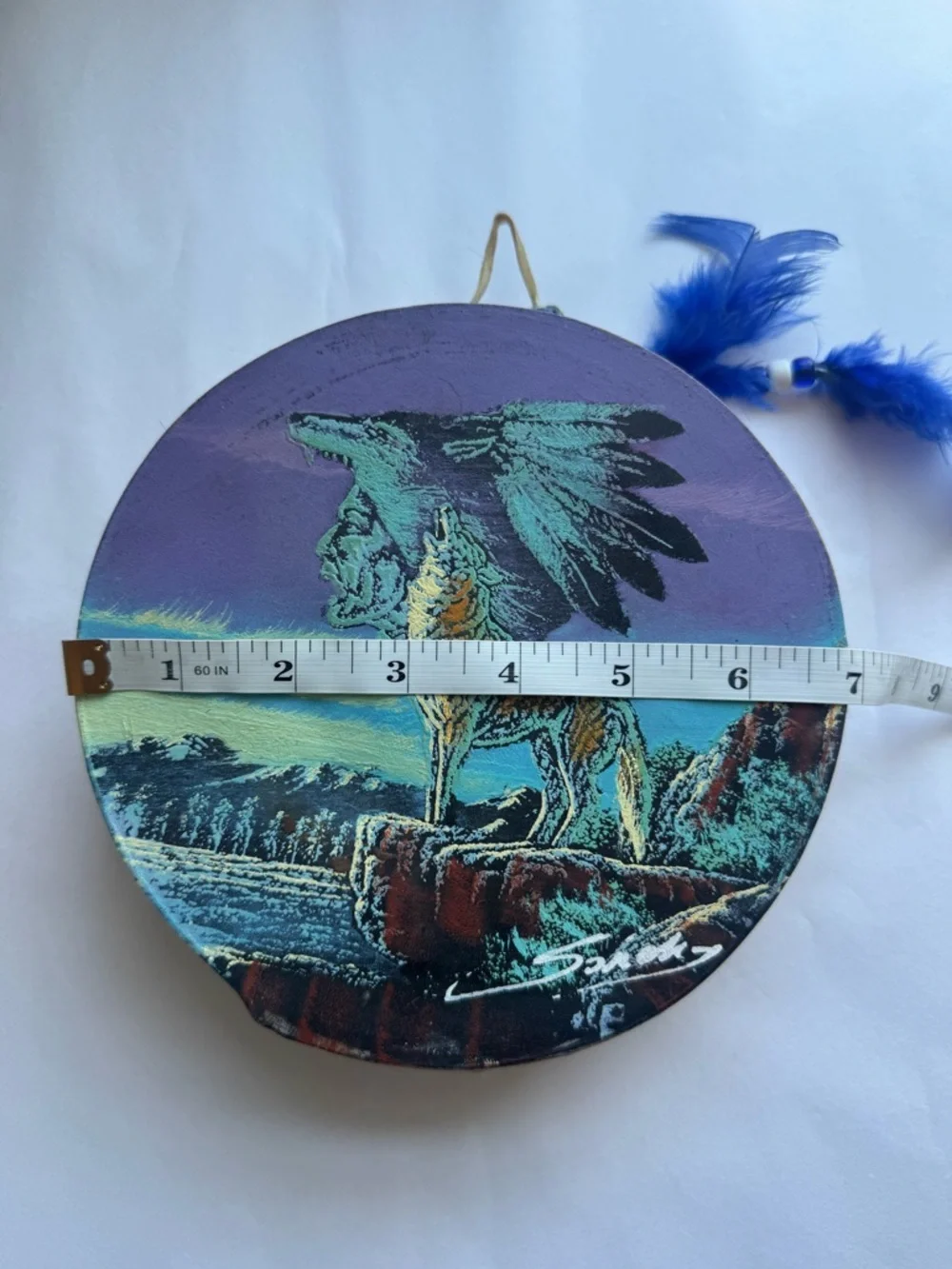 Vintage 1990s Native American Hand Painted Rawhide Drum Artist Signed Decorative